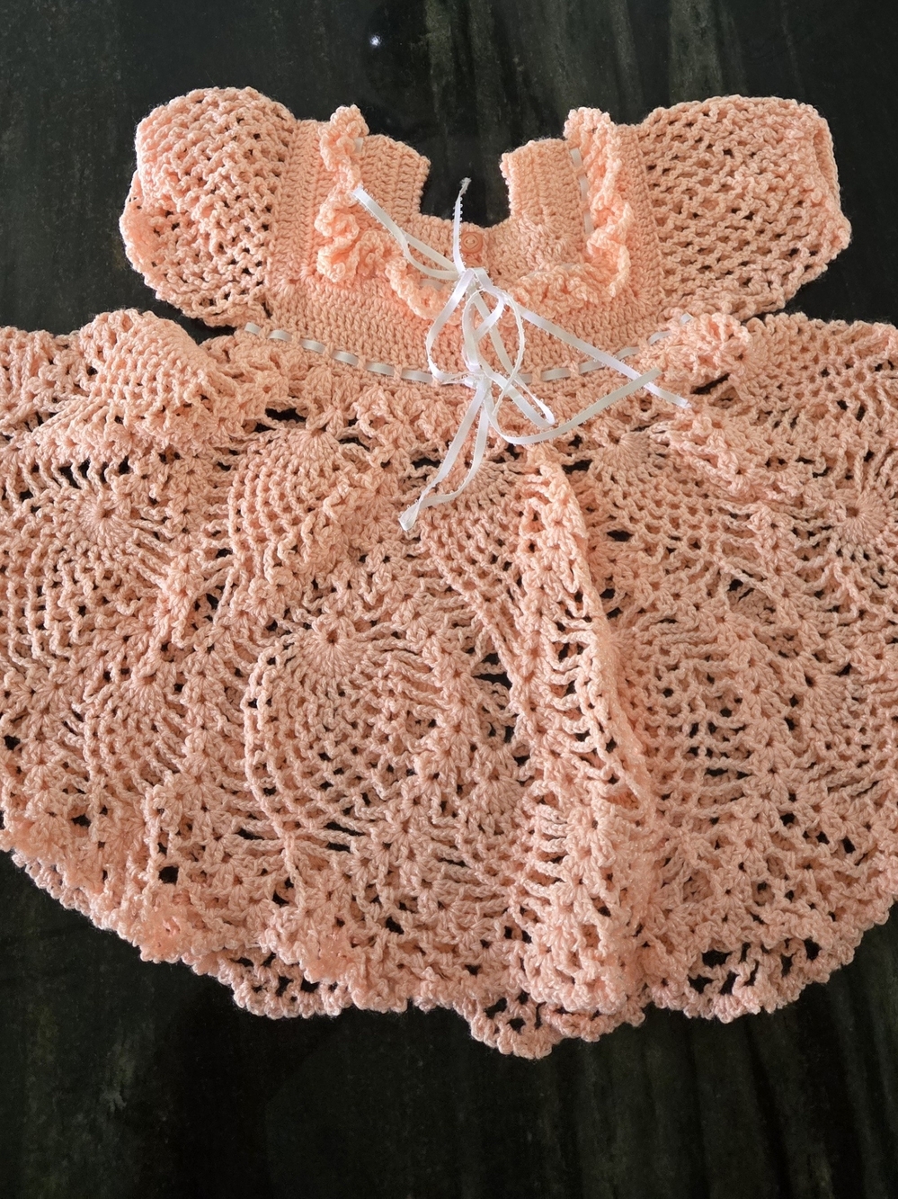 Handmade Peach Crochet Baby Dress with Ribbon Detail